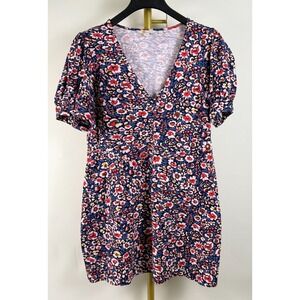 Boden Floral Cotton Knit Dress Short Sleeve V-Neck Blue Red Size 12P